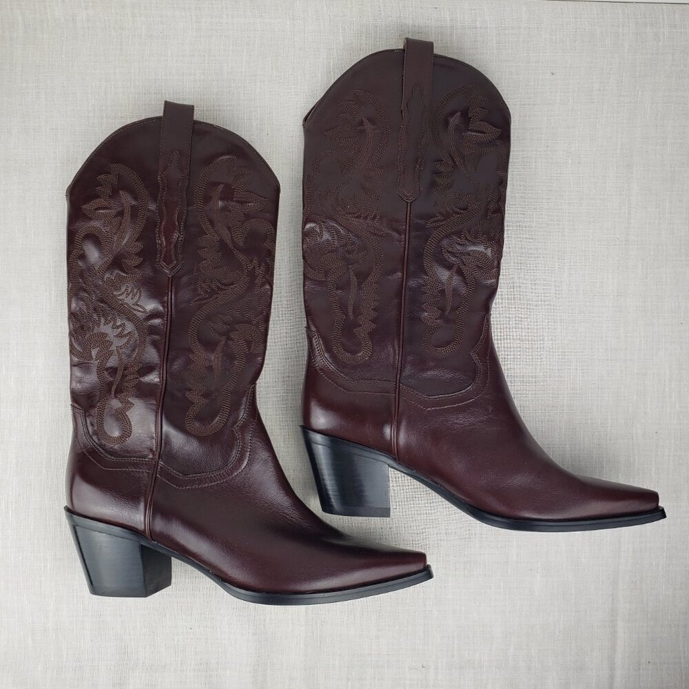Jeffrey Campbell Dagget Burgundy Leather Cowboy Western Stitch Boots Size 11 - Picture 3 of 11